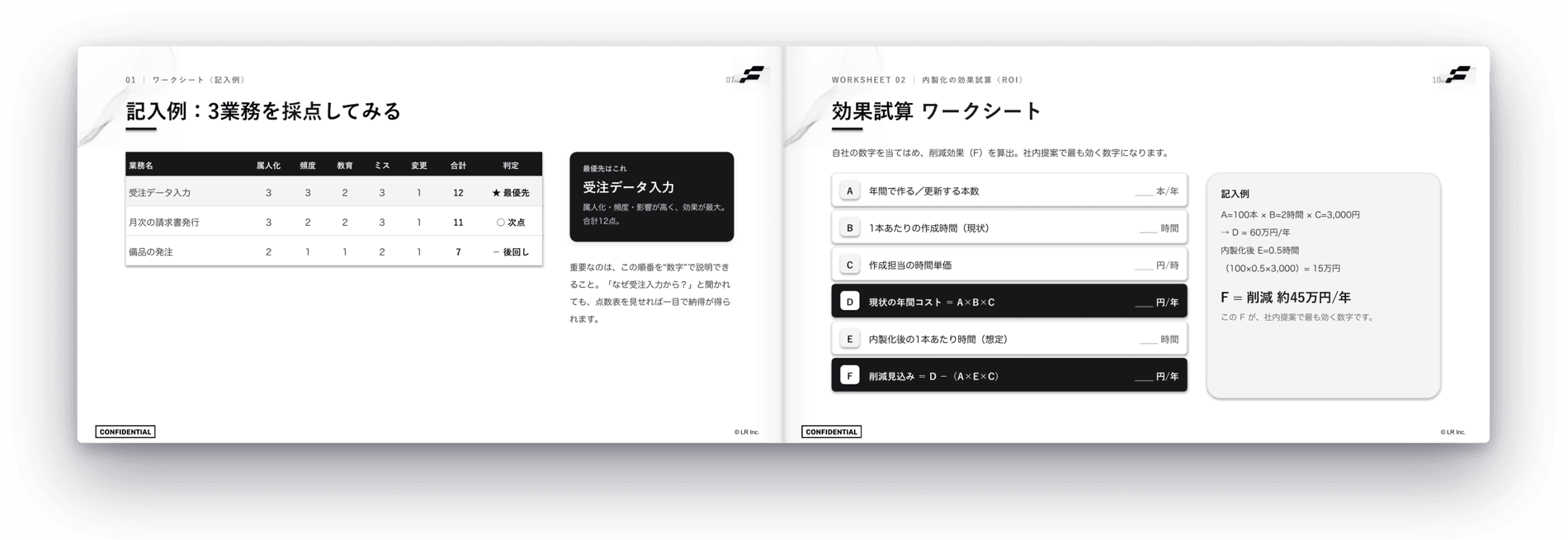 無料キットの中身（開いた状態：棚卸しワークシートと効果試算ワークシート）